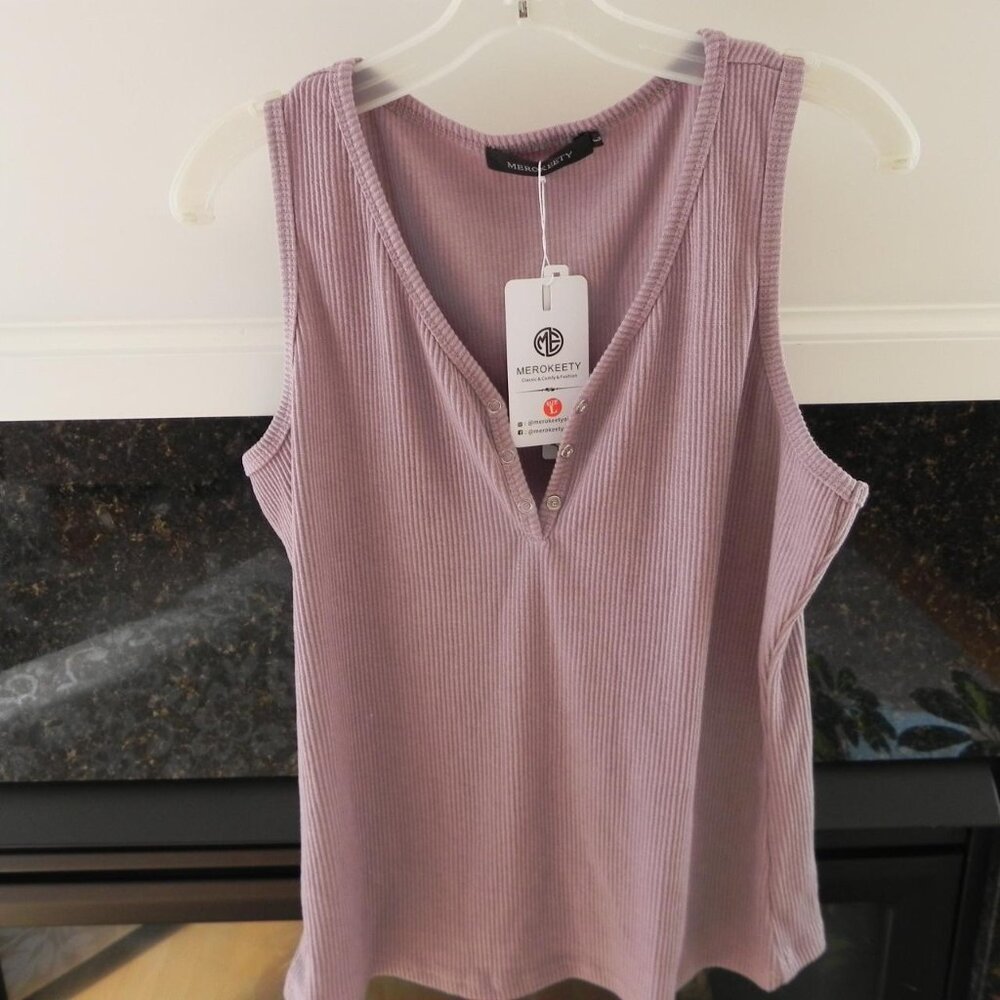 MEROKEETY Women's V Neck Tank Top Mauve Sleeveless Ribbed Henley Shirt Sz L NWT